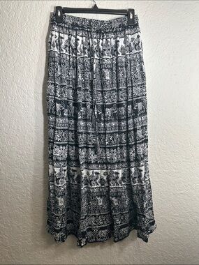 Bohemian Black & White Printed Maxi Skirt - Women's Flowing Tiered Skirt